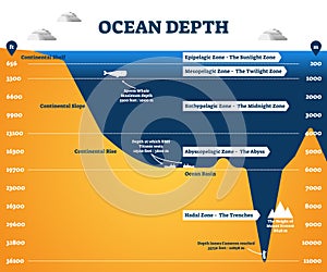 Ocean depth zones infographic, vector illustration labeled diagram