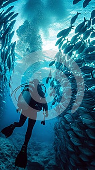 Ocean depths, scuba diver explores, fish shoal dance surrounds