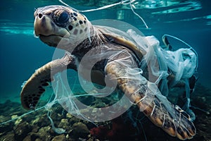 Sea turtle caught in a plastic bag trap. Photo underwater photo