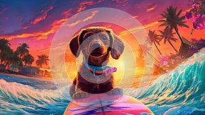 ocean dog vacation surfer summer funny wave puppy beach animal. Generative AI.