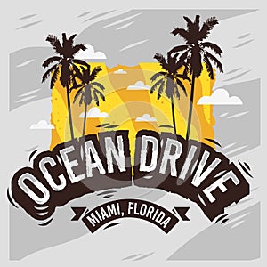 Ocean Drive Miami Beach Florida Summer Design With Palm Trees Illustration.