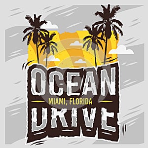 Ocean Drive Miami Beach Florida Summer Design With Palm Trees Illustration.