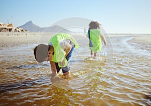 Ocean, environment and young child cleaning for climate change and sustainability, environmental and volunteer for Earth