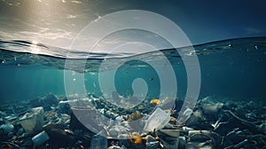 Ocean environmental pollution, garbage thrown into the sea, ocean