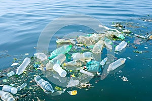 Ocean filled with plastic bottles. Water pollution