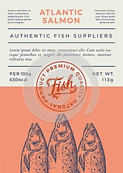 Ocean Fish Abstract Vector Packaging Design or Label. Modern Typography Banner, Hand Drawn Atlantic Salmon Sketches