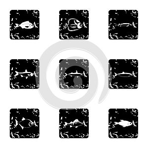 Ocean fish icons set, grunge style