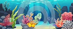 Ocean floor. Aquarium coral sea background. Undersea flora. Underwater cartoon seaweed and algae. Nature landscape