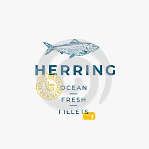 Ocean Fresh Fillets Abstract Vector Sign, Symbol or Logo Template. Hand Drawn Herring Fish Sketch with Premium Modern