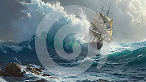 Ocean Fury: Sailing Ship Confronts Massive Wave in Perilous Seas