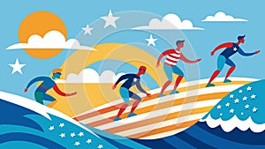 The ocean glitters under the bright sun as surfers clad in stars and stripes wetsuits ride the crest of the waves a