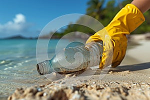 Ocean Guardianship: Eco-Volunteer in Yellow Gloves Cleansing Beach of Plastic. Generative ai