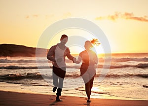 Ocean, holiday and sunset, running couple on beach happy holding hands. Love, romance and man and woman run in evening
