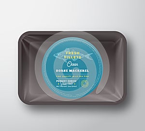 Ocean Horse Mackerel Fillets. Abstract Vector Plastic Tray with Cellophane Cover Packaging Design Round Label or Sticker