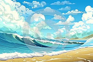 ocean and huge bright blue sky filled with puffy white cumulous clouds background
