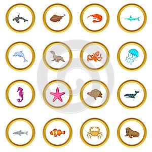 Ocean inhabitants icons circle