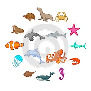 Ocean inhabitants icons set, cartoon style