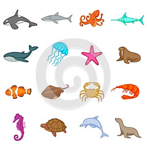 Ocean inhabitants icons set, cartoon style