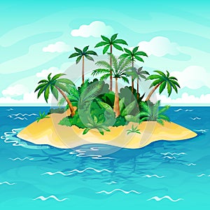 Ocean island cartoon. Palm trees sea uninhabited islands sky sand beach sun panorama view solitude tropical nature