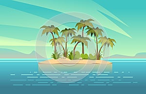 Ocean island cartoon. Tropical island with palm trees summer landscape. Sand beach and sun in blue sky. Travel vacation