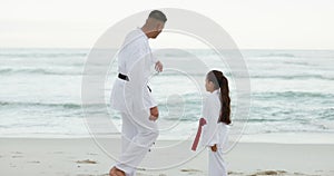 Ocean, karate teacher or child learning martial arts, fighting or self defence for fitness coaching. Bow, respect or
