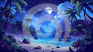 An ocean lagoon at night with calm sea water. A beach with sand, stone and palm trees with coconuts, rocky mountains, a