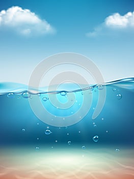 Ocean landscape realistic. Underwater flowing transparent water bubbles splashes light sunrise marine surface vector