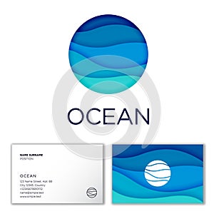 Ocean logo. Blue and turquoise waves in a circle. Paper cut effect design style. Business card.