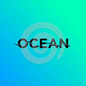 Ocean logo, sea emblem, fishing logo. Letters and waves on green-blue gradient background.