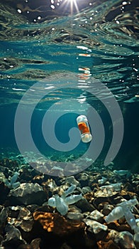 Ocean marred by plastic bottles and microplastics, underscoring the issue of marine pollution