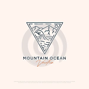 Ocean Mountain logo design with line art vector minimalist illustration template, travel agency logo inspiration