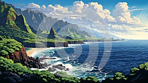 Ocean And Mountain Painting: Large Canvas Size With Intense Detail