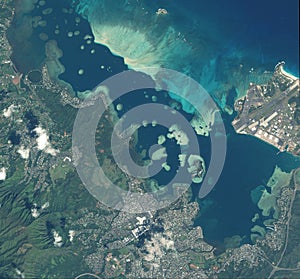 Ocean, nature and aerial of earth for map with city landscape, environment and coast line. Geography, planet and