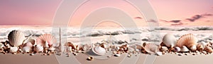 ocean nature summer sea tropical sand holiday beach banner shell. Generative AI.