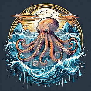 Ocean octopus t-shirt print, vector mockup. Marine phantom underwater monster