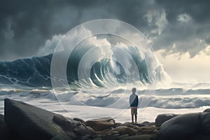 Ocean Odyssey: Stunning 3D Render of Child Amidst Majestic Waves & Storm