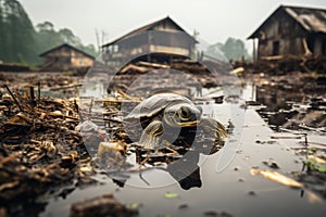 Ocean oil spill fishing boats amid pollution, marine life endangered, beaches tainted