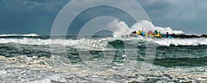 Ocean panorama Huge breaking seas at Coffs Harbour entrance. Australia