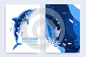 Ocean plastic pollution banner set with dolphin silhouette. Paper cut dolphin with plastic rubbish, fish, bubbles and