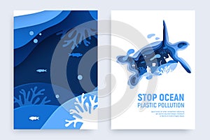 Ocean plastic pollution banner set with turtle silhouette. Paper cut tortoise with plastic rubbish, fish, bubbles and