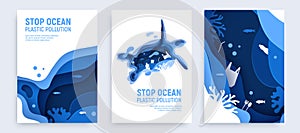 Ocean plastic pollution banner set with turtle silhouette. Paper cut tortoise with plastic rubbish, fish, bubbles and