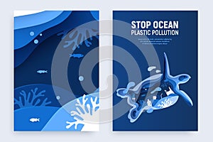Ocean plastic pollution banner set with turtle silhouette. Paper cut tortoise with plastic rubbish, fish, bubbles and coral reefs
