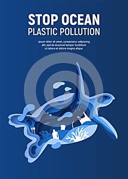 Ocean plastic pollution banner with turtle silhouette. Paper cut tortoise with plastic rubbish, fish, bubbles and coral