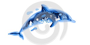 Ocean plastic pollution concept. Paper cut dolphin with plastic rubbish, fish, bubbles and coral reefs isolated on white
