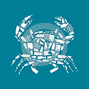 Ocean plastic pollution. Ecological poster Crab composed of white plastic waste bag, bottle on blue background. Plastic problem