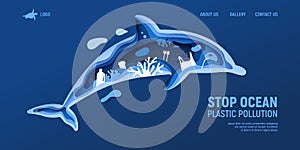 Ocean plastic pollution page template with dolphin silhouette. Paper cut dolphin with plastic rubbish, fish, bubbles and