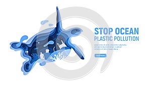 Ocean plastic pollution page template with turtle silhouette. Paper cut tortoise with plastic rubbish, fish, bubbles and