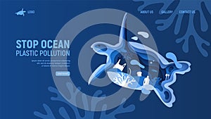 Ocean plastic pollution page template with turtle silhouette. Paper cut tortoise with plastic rubbish, fish, bubbles and