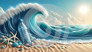 Ocean plastic recycled bottle, Ai-generated image
