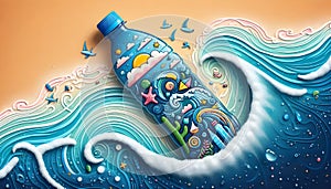 Ocean plastic recycled bottle, Ai-generated image